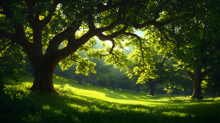 Fototapeta premium Sunlit Forest Landscape with Lush Green Trees