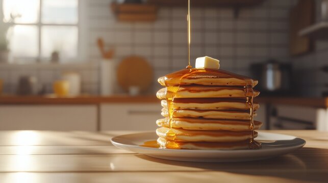 Golden syrup pouring onto a stack of pancakes with butter on a kitchen counter.