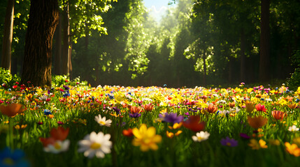 Fototapeta premium Sunlit Forest Meadow with Colorful Flowers