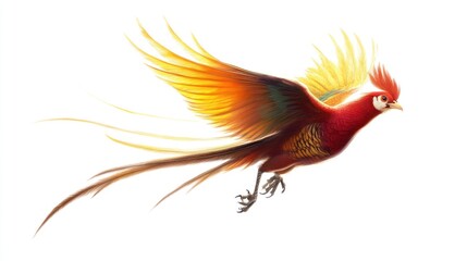 Obraz premium Red-gold pheasant bird in flight, isolated on white.