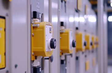 Industrial Control Panel: Close-up of  Yellow and Grey Electrical Switchgear