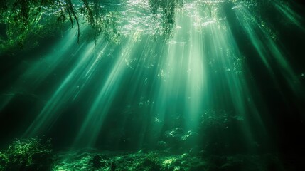 Sunlight Streaming Through Water Surface, Illuminating Underwater Scene with Vibrant Greenery and Soft Rays