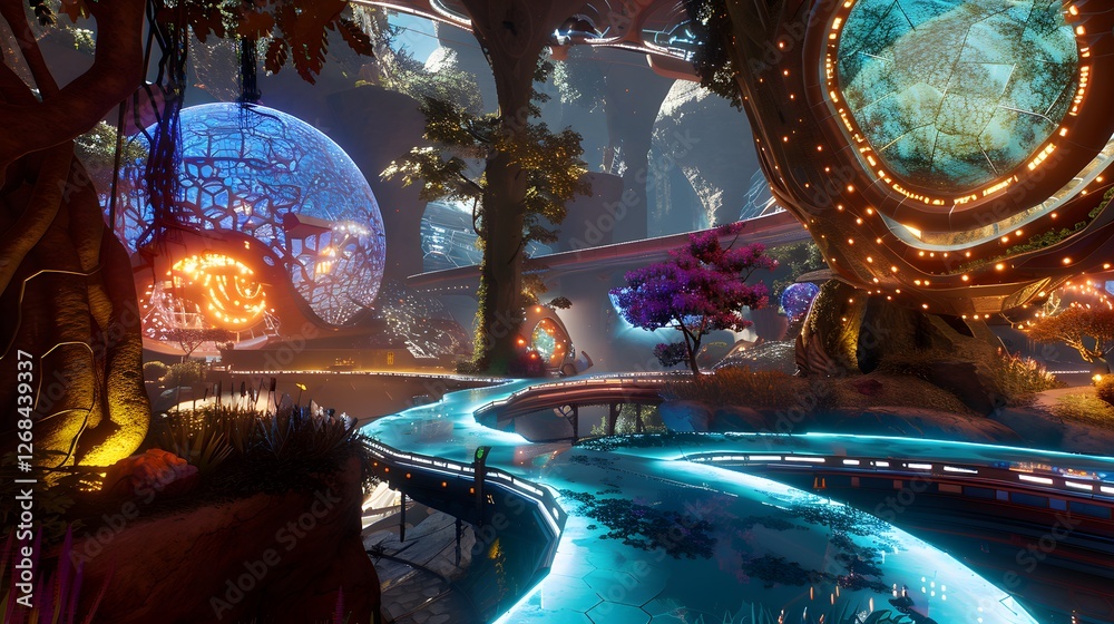 Poster A futuristic city built inside a massive floating sphere, with glowing structures and vibrant blue pathways spiraling outward