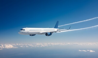 Obraz premium a silver airplane flies high in the blue sky and leaves a white trail. Generative AI