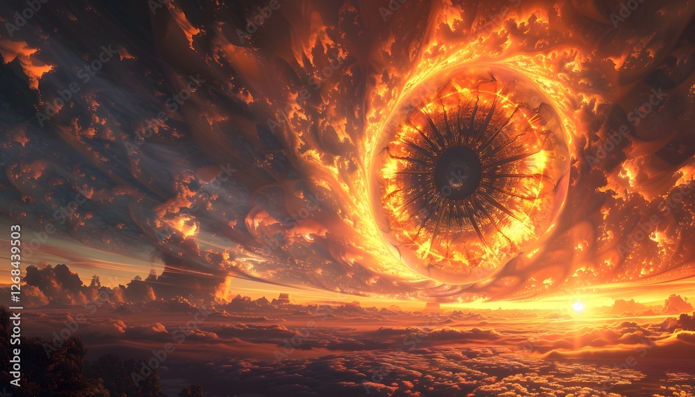 Poster A giant eye suspended in a glowing sky, reflecting intricate fractal patterns and radiating soft golden light