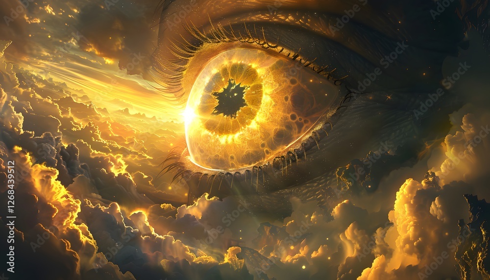Poster A giant eye suspended in a glowing sky, reflecting intricate fractal patterns and radiating soft golden light