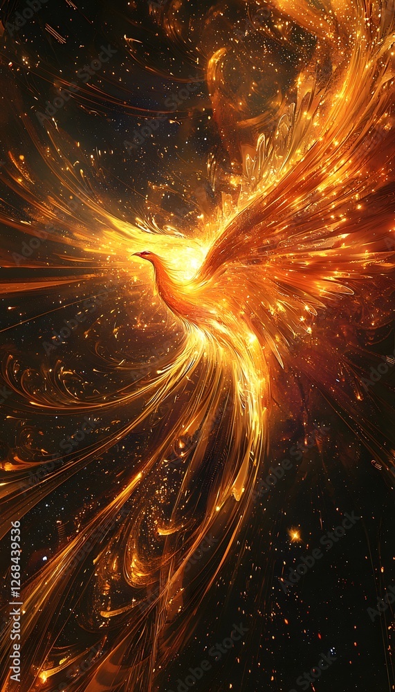 Poster an abstract art piece showing cascading ribbons of light forming a phoenix, glowing vibrantly agains
