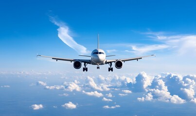 Obraz premium a silver airplane flies high in the blue sky and leaves a white trail. Generative AI