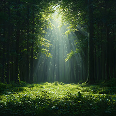 Fototapeta premium Sunlit Forest Path: Green Trees and Peaceful Atmosphere