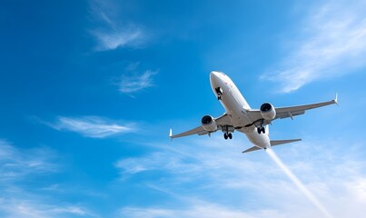Fototapeta premium a silver airplane flies high in the blue sky and leaves a white trail. Generative AI