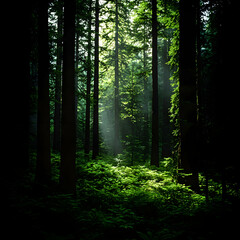 Obraz premium Sunlit Forest Path: Lush Green Canopy and Dark Trunks