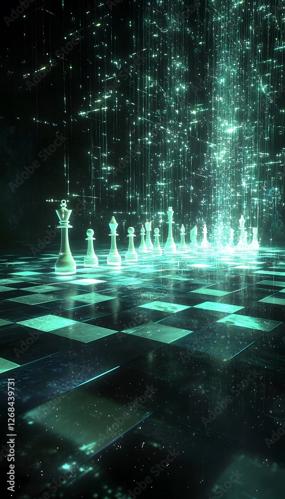 Poster A levitating chessboard with glowing pieces, surrounded by cascading streams of light and infinite reflections in a dark void