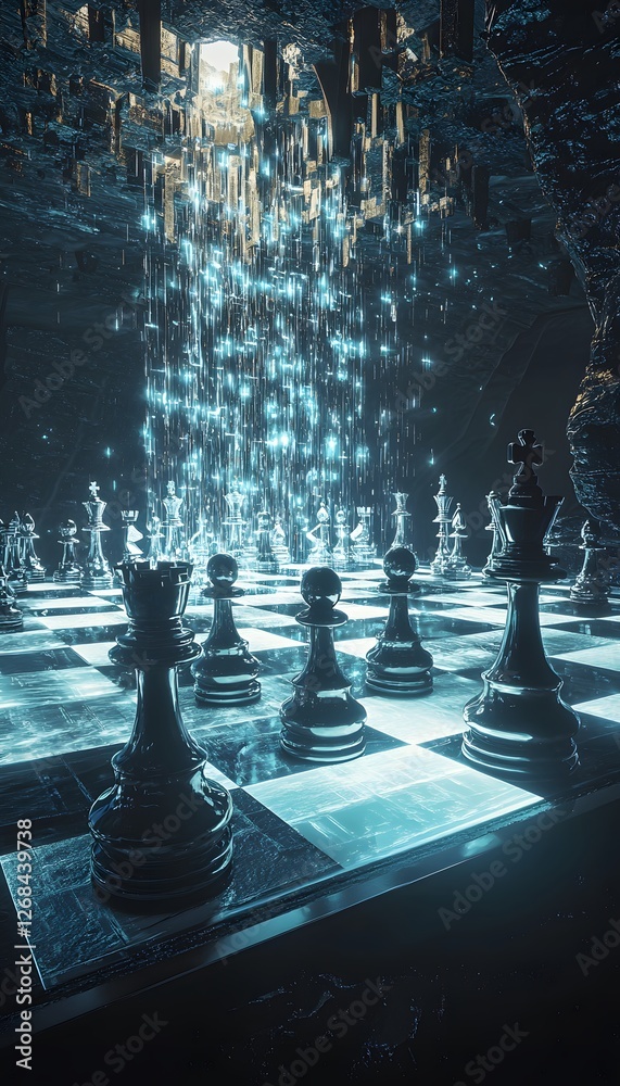 Poster A levitating chessboard with glowing pieces, surrounded by cascading streams of light and infinite reflections in a dark void