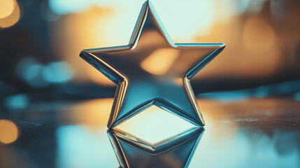 Shiny metallic star sculpture stand reflective surface soft glow bokeh surreal artistic photography conceptual celestial geometric symmetry modern aesthetic vision calm top rank art zen rate sign best