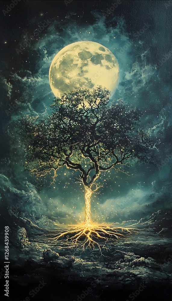 Fototapete a levitating tree made of light, with glowing roots extending into the void and branches reaching to