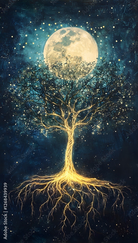Fototapete a levitating tree made of light, with glowing roots extending into the void and branches reaching to