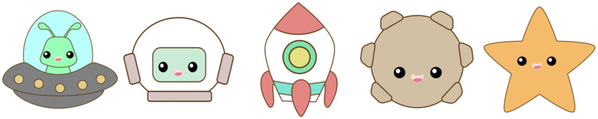 Set of cute cartoon universe on transparent background 