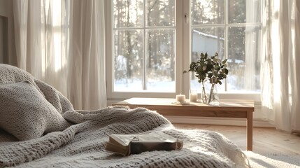 A serene Scandinavian interior with minimalist wooden furniture, a cozy knitted blanket, and soft natural light streaming through large windows