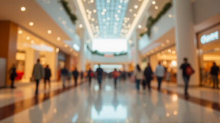 Busy shopping mall interior with blurred shoppers walking through a stylish contemporary retail space filled with bright lights and vibrant atmosphere