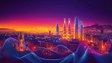Obraz premium Abstract artistic representation of the Barcelona skyline, glowing neon outlines of famous buildings against a background of dark purple and orange gradient sky