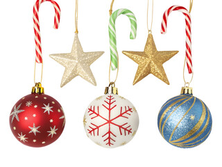 Decorative Christmas ornaments, candy canes, and festive stars arranged on a bright background for holiday celebration