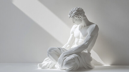 A striking white marble statue of a seated muscular figure, gently illuminated by soft light, evokes a sense of contemplation and tranquility in a minimalist setting.