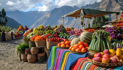 A vibrant Peruvian marketplace, with colorful ponchos, woven textiles, and fresh produce displayed against a backdrop of the Andes Mountains