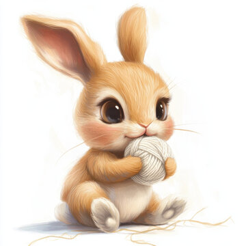 cute baby bunny, chartoon, vector, holding a ball of wool