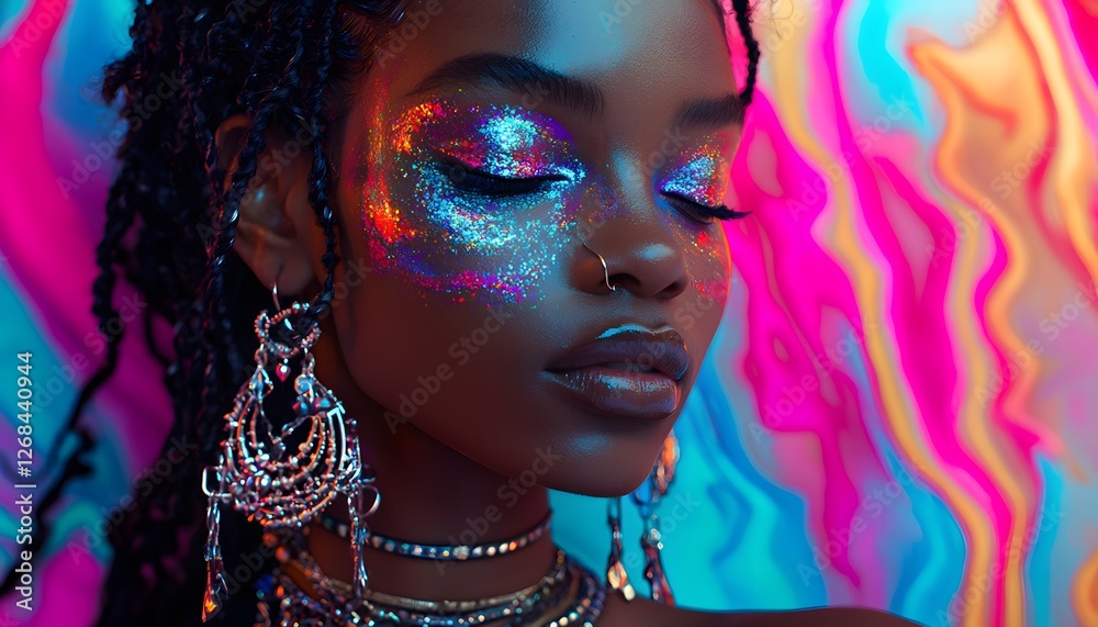 Poster a close-up of a model with glowing face paint and intricate jewelry, set against a vibrant abstract 