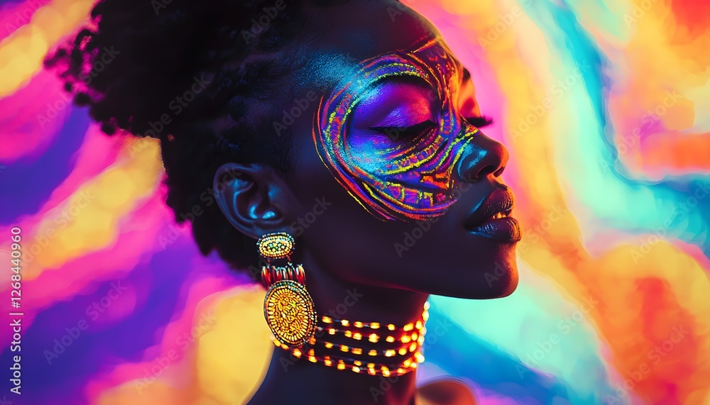 Poster a close-up of a model with glowing face paint and intricate jewelry, set against a vibrant abstract 