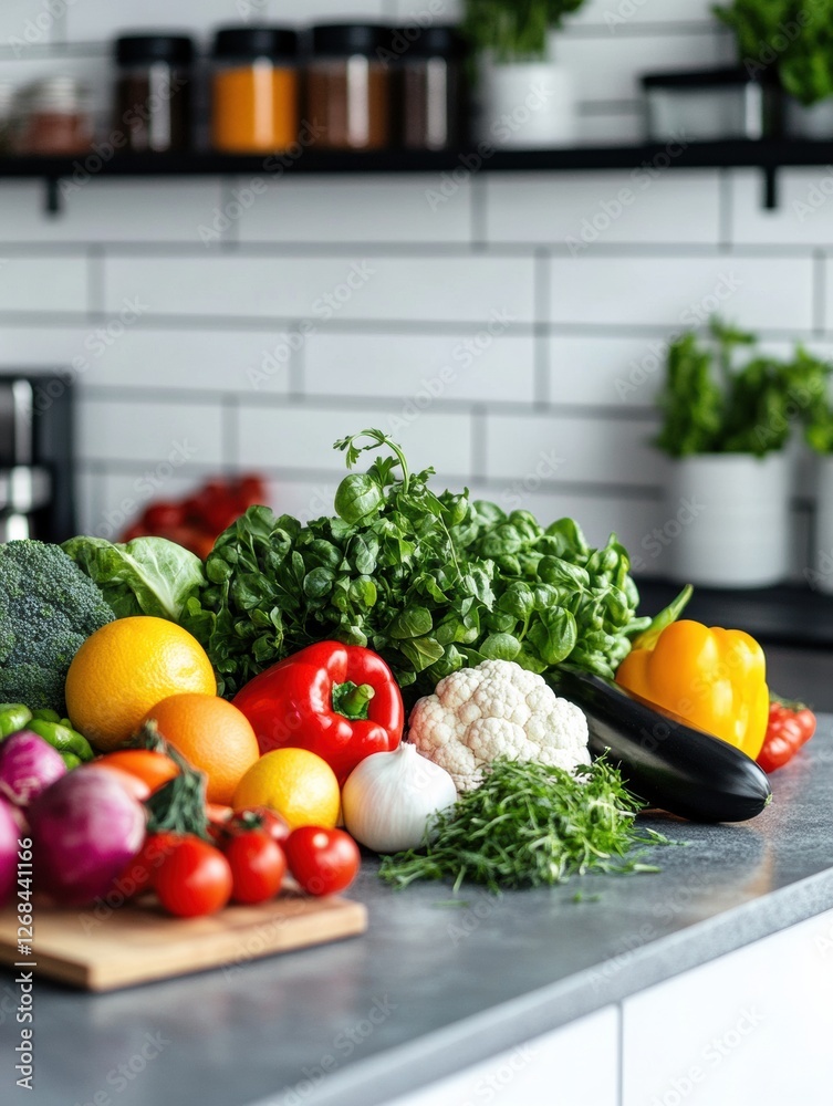 Leinwandbilder fresh vegetables displayed on a kitchen counter with herbs and spices in jars in the background for 