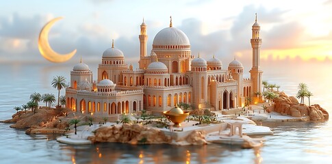 Naklejka premium 3d modern Islamic holiday background. Muslim Holy Month Ramadan Kareem