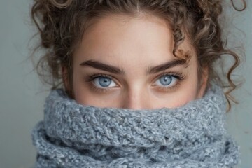 Calm and Serene CloseUp Portrait of Young Woman Wearing Gray Scarf with Blue Eyes and Loose Curls on White Background