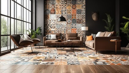 Modern Living Room with Bohemian Tile Decor