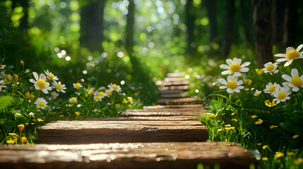 Naklejka premium Sunlit Forest Path with Blooming Daisies