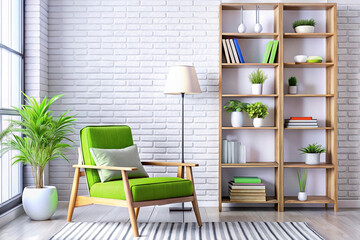Green armchair in bright living room with bookshelves, plants, and window