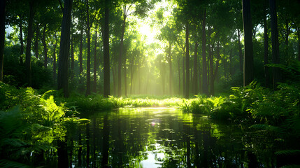 Obraz premium Sunlit Forest Path with Green Trees and Calm Water
