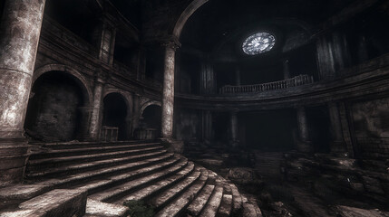 Ruined Grand Hall with Staircase and Columns Leading to Overlook in Gothic Architecture 3D Render