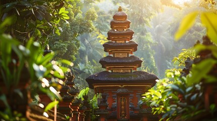 Low-angle shot of a glowing traditional temple surrounded by lush greenery, cinematic cultural mysticism