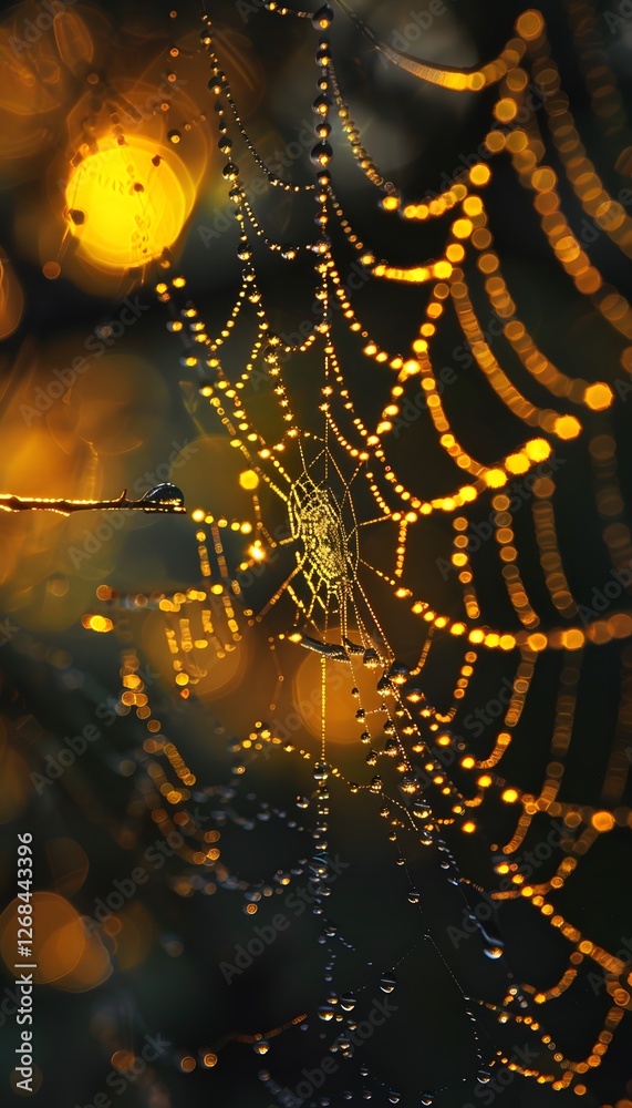 Poster macro shot of glowing water droplets on a spiderweb, illuminated by soft golden light, cinematic int