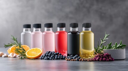 Colorful Craft Gin Bottles with Botanical Ingredients Displayed Neatly