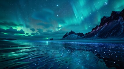 Low-angle shot of a glowing bioluminescent beach under a vibrant aurora borealis, cinematic surreal vibrancy