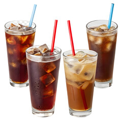 Refreshing assortment of iced coffee drinks displayed in clear glasses with colorful straws on a transparent background
