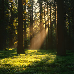 Fototapeta premium Sunlit Forest Path with Tall Trees and Green Undergrowth
