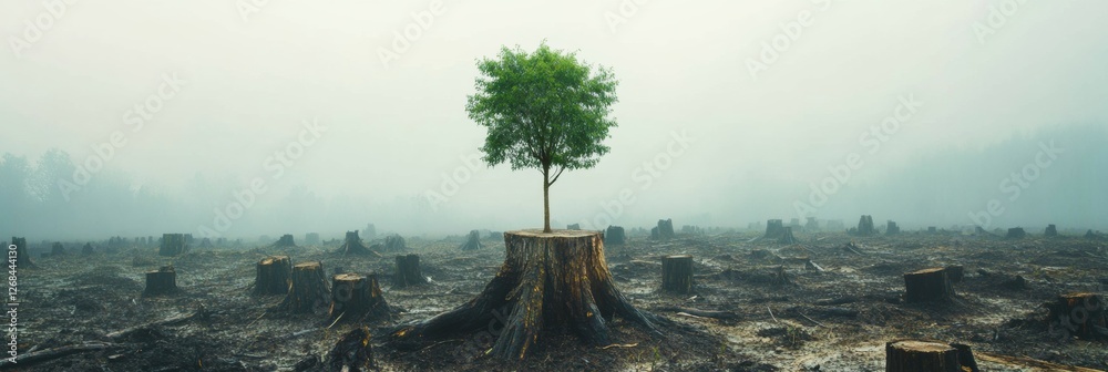 Aufkleber Lonely tree standing on a large tree stump in a deforested area surrounded by remnants of cut trees and smoke in the air. Generative AI