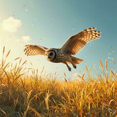 Fototapeta premium An owl is depicted in flight with outstretched wings against a backdrop of a golden wheat field bathed in the warm glow of the setting sun.