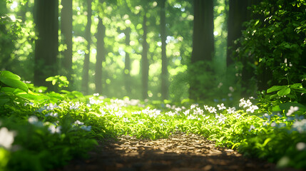 Fototapeta premium Sunlit Forest Path with White Flowers