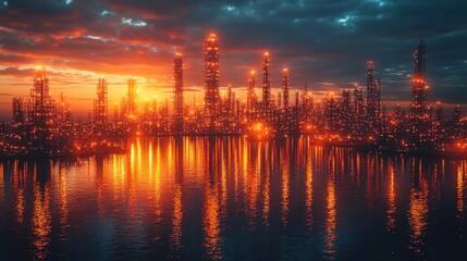 Fototapeta premium Glowing Oil Refinery Skyline at Sunset with Vibrant Reflections on Water Surface