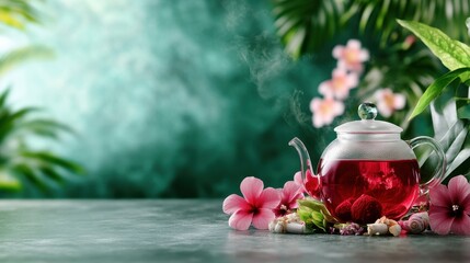 Vibrant Red Hibiscus Tea Steeping in Glass Teapot Surrounded by Flowers