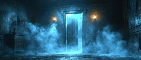 Room with an open door illuminated by soft ambient light creating a mysterious atmosphere